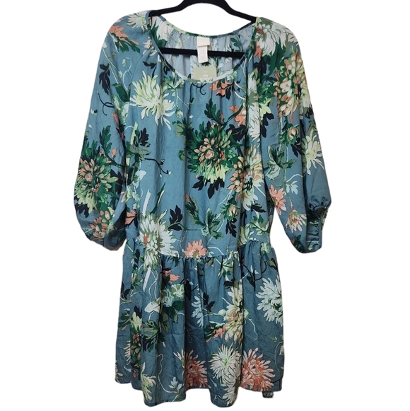 H&M Dresses & Skirts - H&M Turquoise Green Floral Drop Waist Raglan Sleeve Dress Size XS